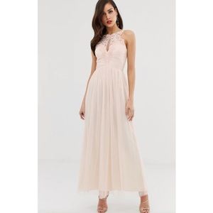 NEW Little Mistress Boutique Embellished Lace Pearl Blush Pink Tulle Maxi Dress